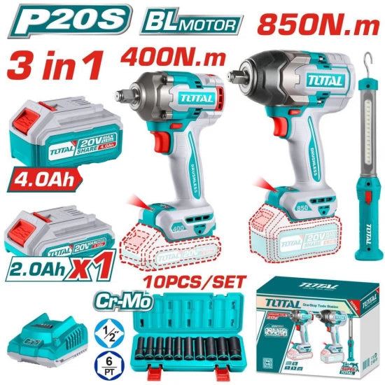 2 Llaves De Impacto Brushless 400NM y 850NM 1/2" 20V + 2 Baterías 2.0 y 4.0 AH + 1 Cargador + Dados Largos + Linterna Total