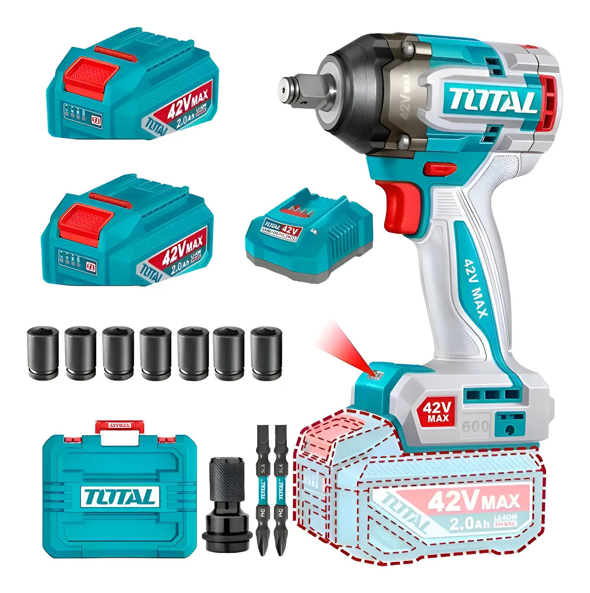 Llave De Impacto Brushless 600NM 1/2" 42V + 2 Baterías + 1 Cargador + Dados Total