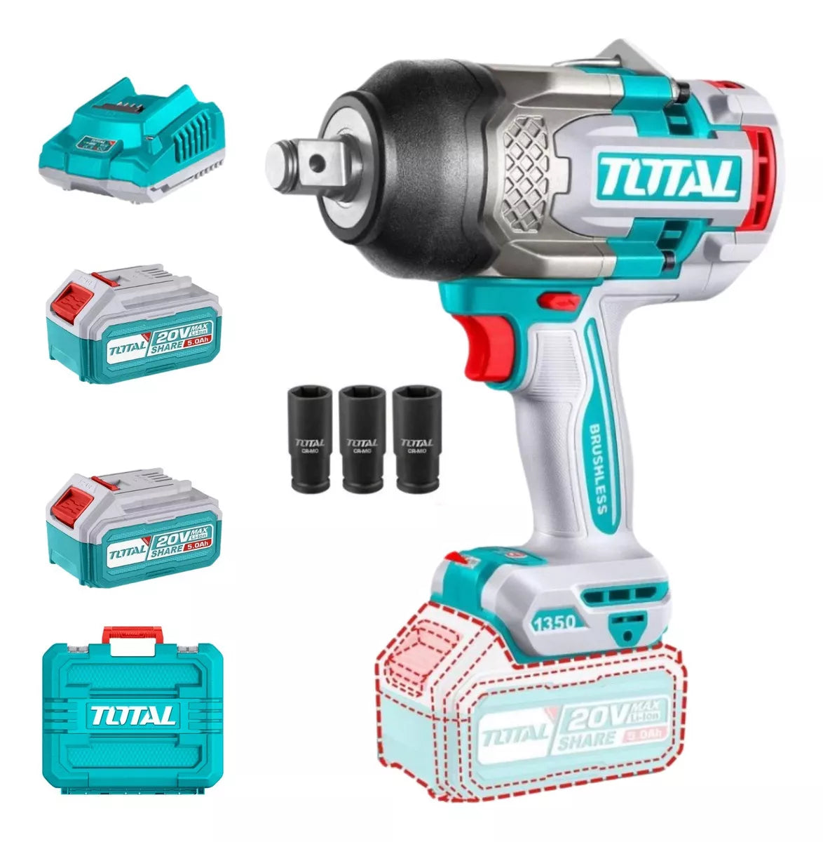 Llaves De Impacto Brushless 1350NM + 2 Baterías 5.0AH + Cargador Total
