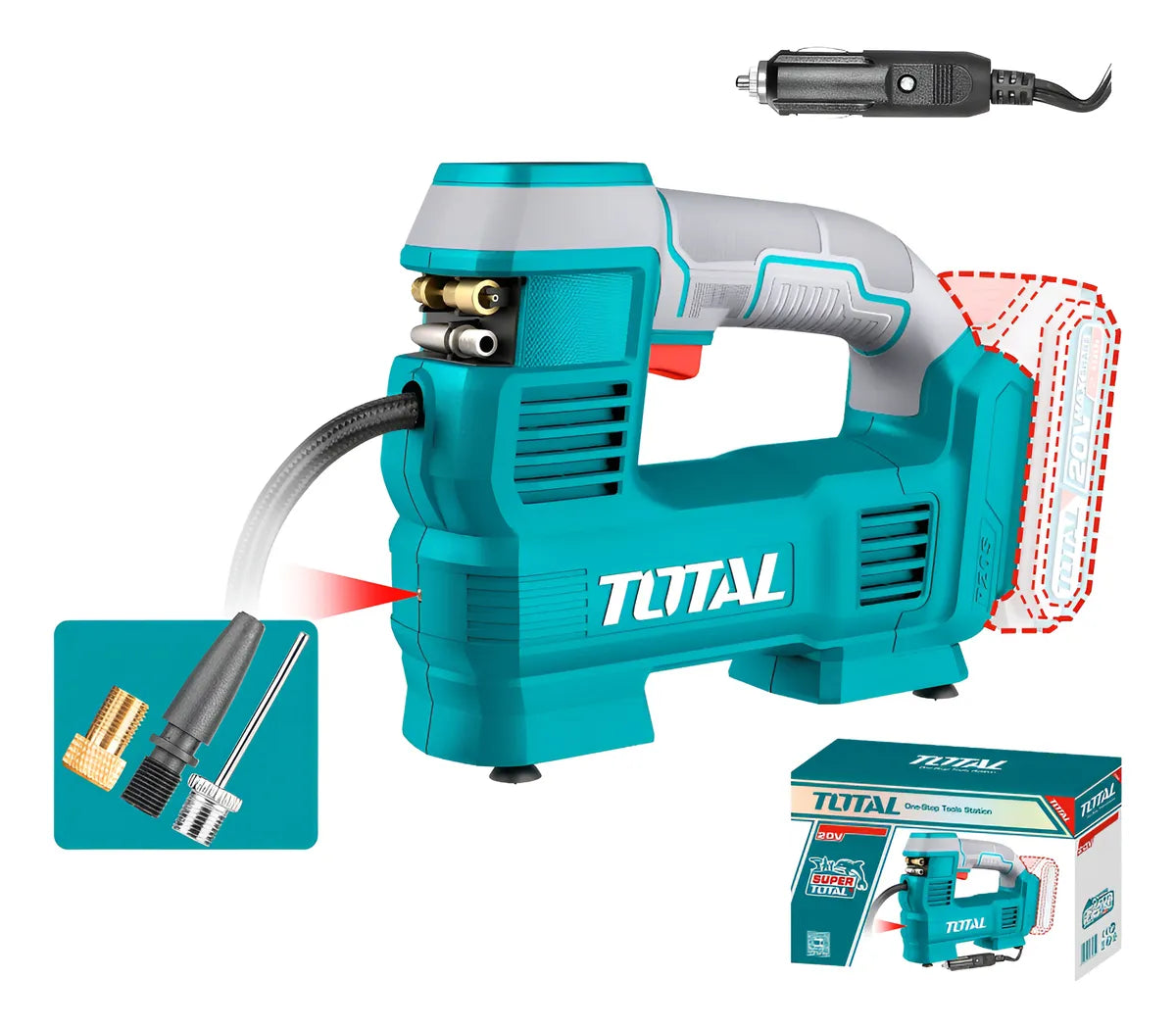 Llave De Impacto 400NM 1/2" 20V + 2 Baterías + 1 Cargador + Dados + Lampara de trabajo + Compresor De Aire Auto Total