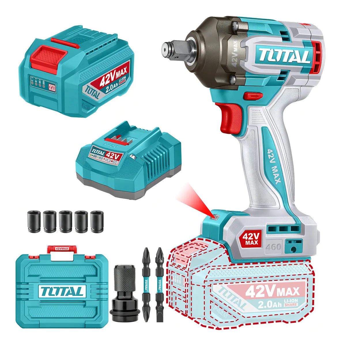 Llave De Impacto Brushless 460NM 1/2" 42V + 1 Baterías + 1 Cargador + Dados Total