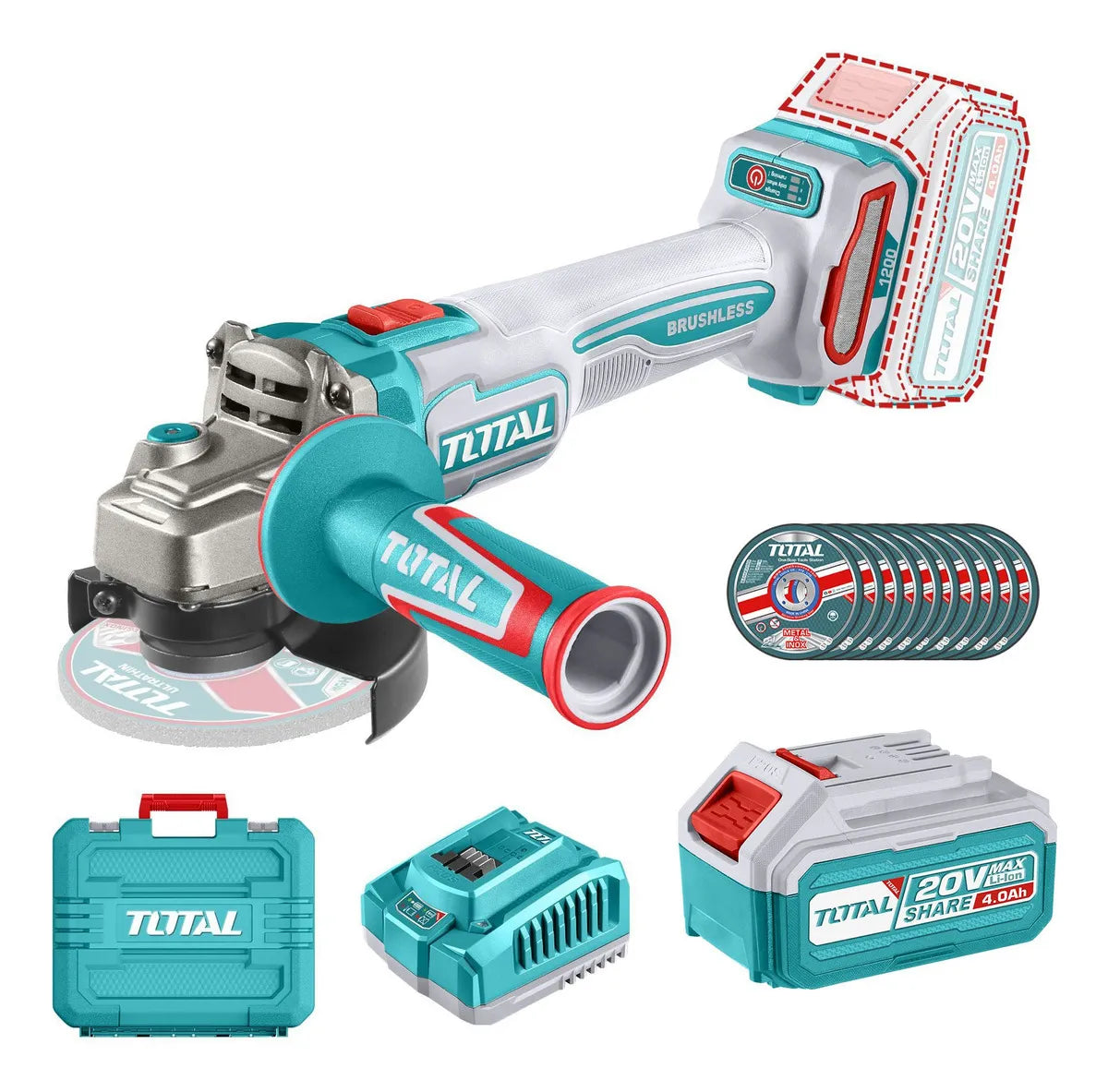 Esmeril Angular Inalámbrico Brushless 4-1/2" (115mm) 20V 3 velocidades + 1 Baterías 4.0 Ah + Cargador + 10 Discos de corte Total