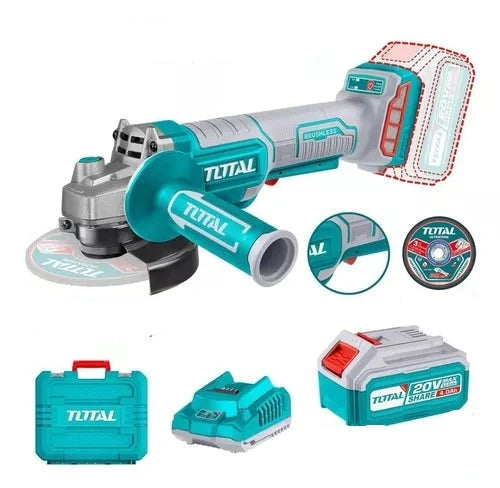Esmeril Angular Inalámbrico Brushless 20V 115Mm + 1 Batería 4.0 Ah + Cargador + 10 Discos de Corte Total