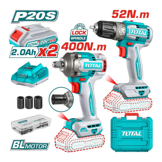 Kit Inalámbrico/Brushless Taladro 52NM + Llave De Impacto 1/2 20V 400NM + 2 Baterías + 1 Cargador Total