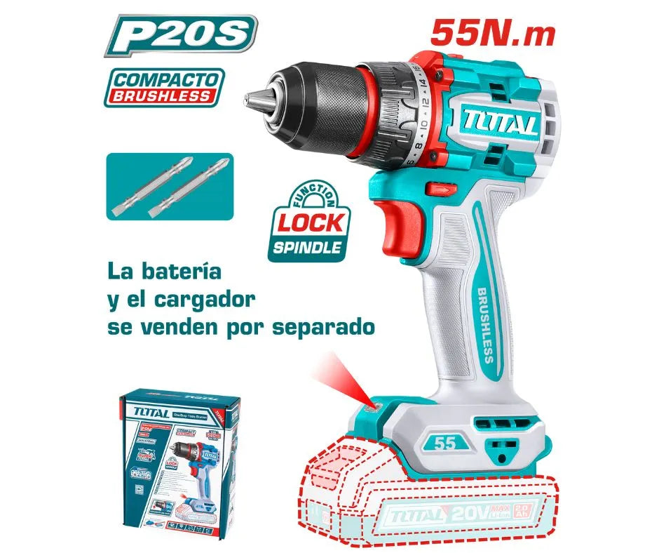 Taladro Atornillador Inalámbrico 13Mm 20V 55Mn Sin Batería ni Cargador Total