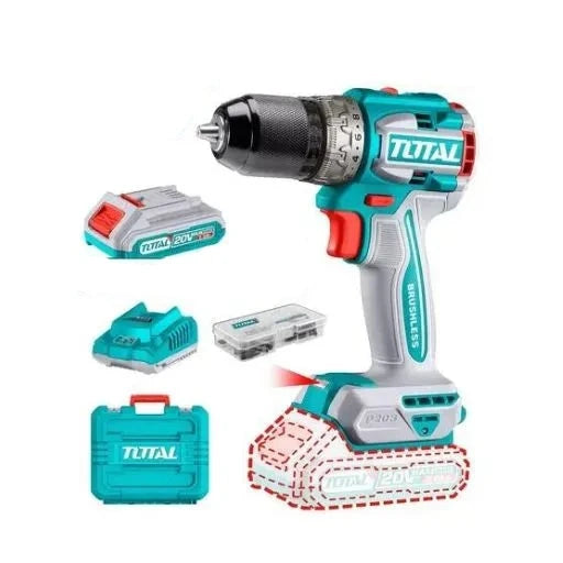 Taladro Inalámbrico Brushless 13Mm 20V 60Mn + 2 Baterías 2.0 Ah + Cargador Total