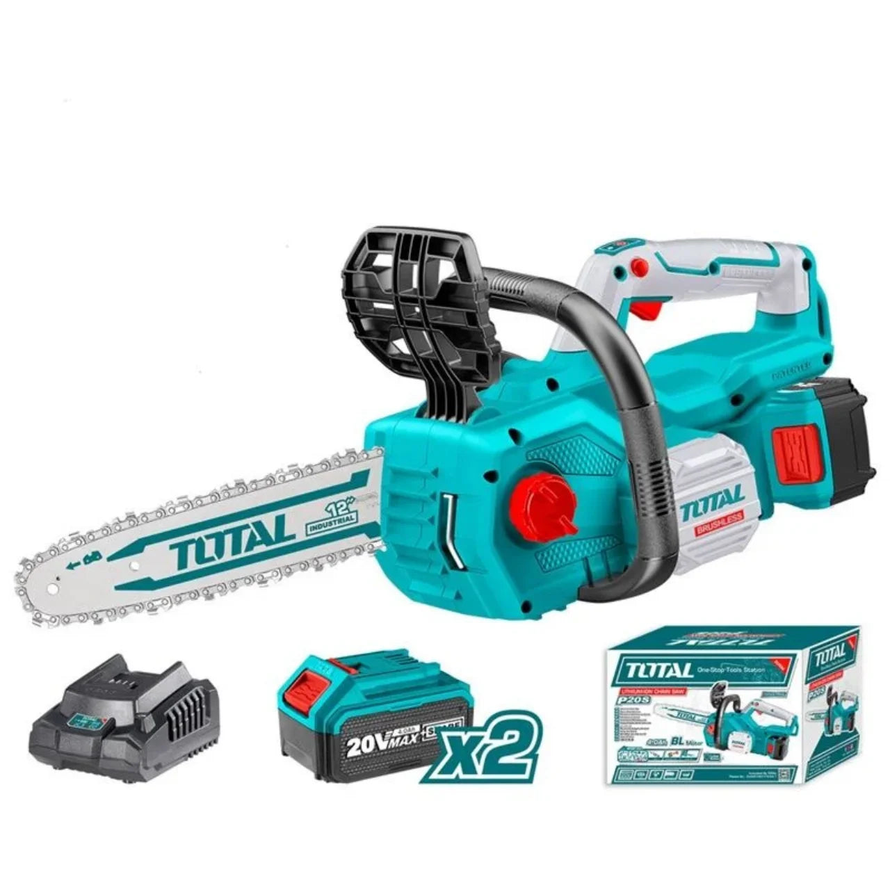 Motosierra Inalámbrica Brushless 12" (30 cm) 20V + 2 Batería 4.0 Ah + Cargador Total