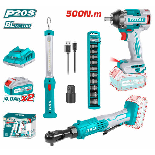 Llave De Impacto 500NM 1/2" 20V + Chicharra 65 NM 3/8 + 2 Baterías + 1 Cargador + Dados + Lampara Total