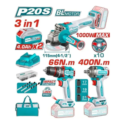 Kit Taladro Atornillador 66 Nm + Esmeril Símil 1000W + Llave de Impacto 400 Nm Total