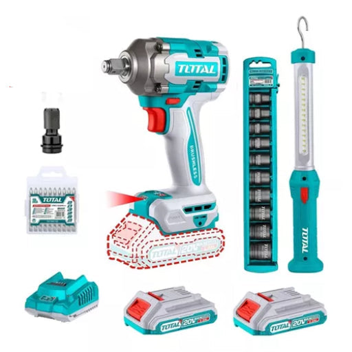 Llave De Impacto 400NM 1/2" 20V + 2 Baterías + 1 Cargador + Dados + Lampara de trabajo + Compresor De Aire Auto Total