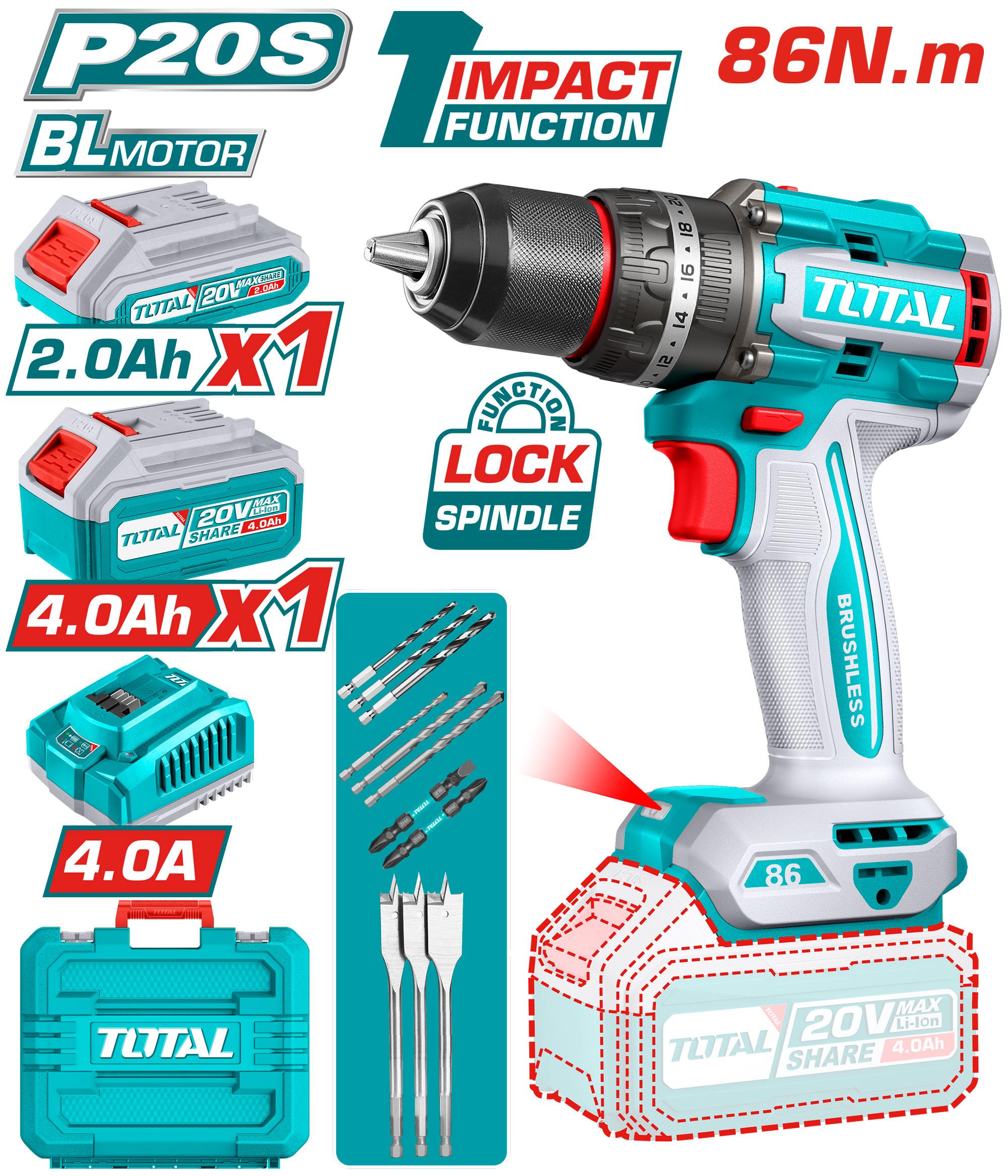 Taladro Atornillador Inalámbrico 13Mm 20V 86Mn + 1 Batería 4.0AH + 1 Batería 2.0AH + Cargador Total