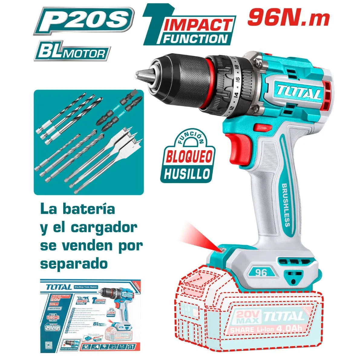 Taladro Atornillador Inalámbrico 13Mm 20V 96nm Sin Batería Sin Cargador Total