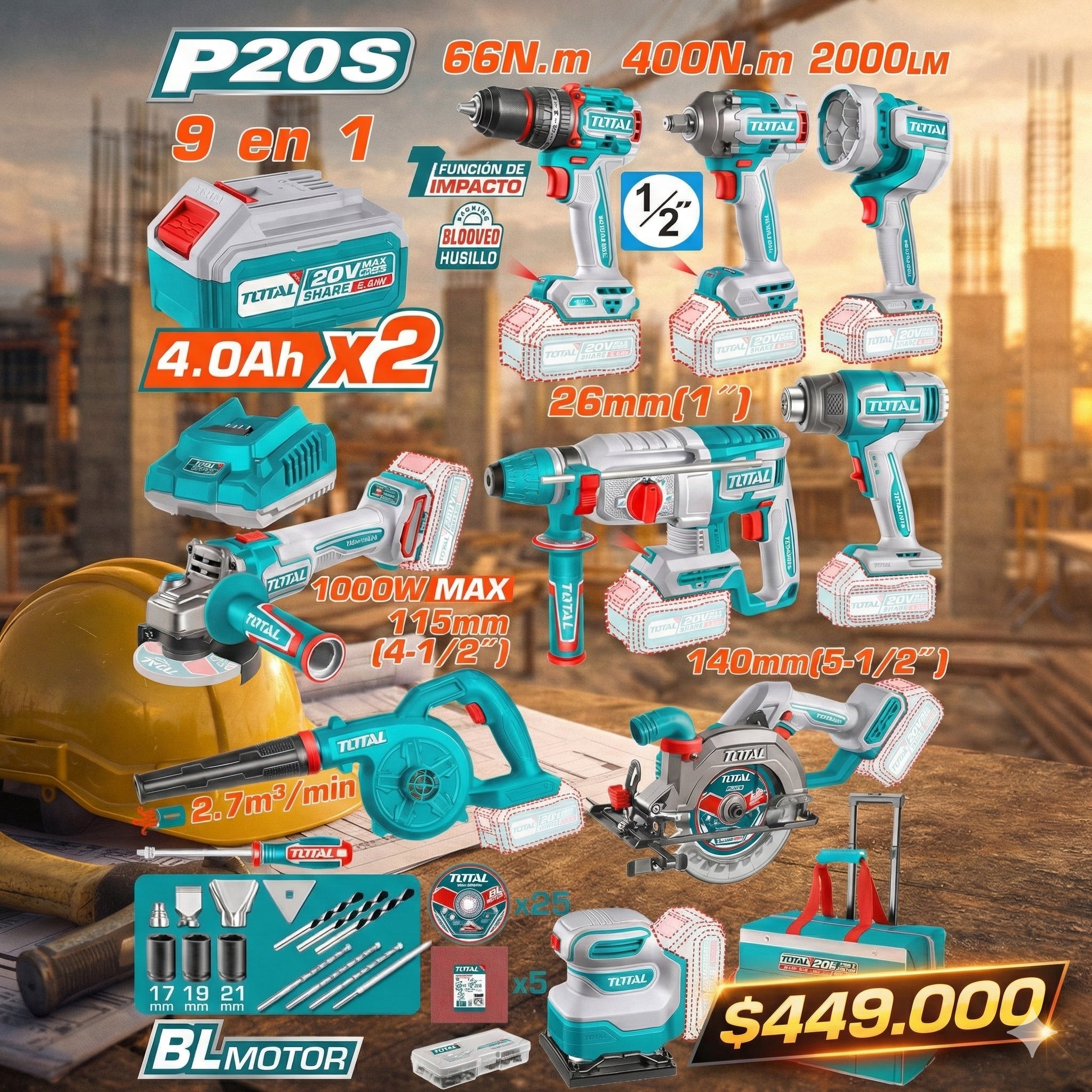 Combo 9 herramientas inalámbricas + 2 Baterías 4.0 AH + Cargador + Bolso Total