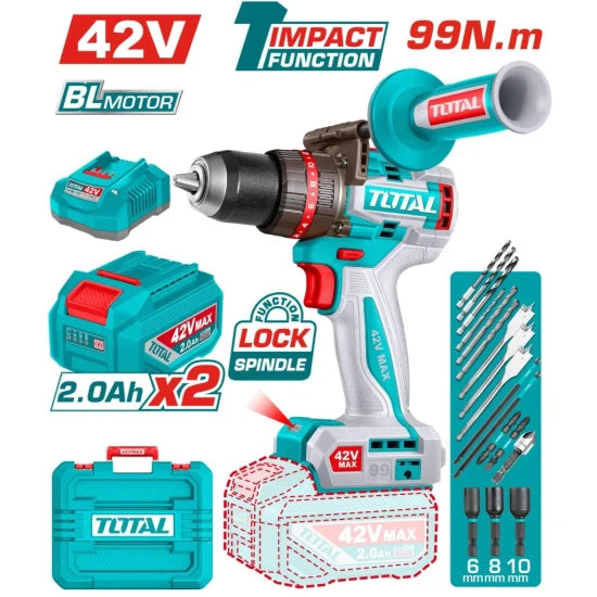 Taladro Atornillador Inalámbrico 13Mm 42V 99Nm + 2 Batería 2.0AH + Cargador Total