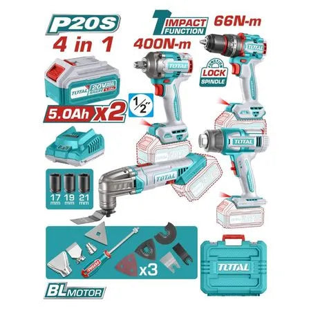 Kit Taladro Percutor + Llave De Impacto + Pistola De Calor + Multifuncional Total