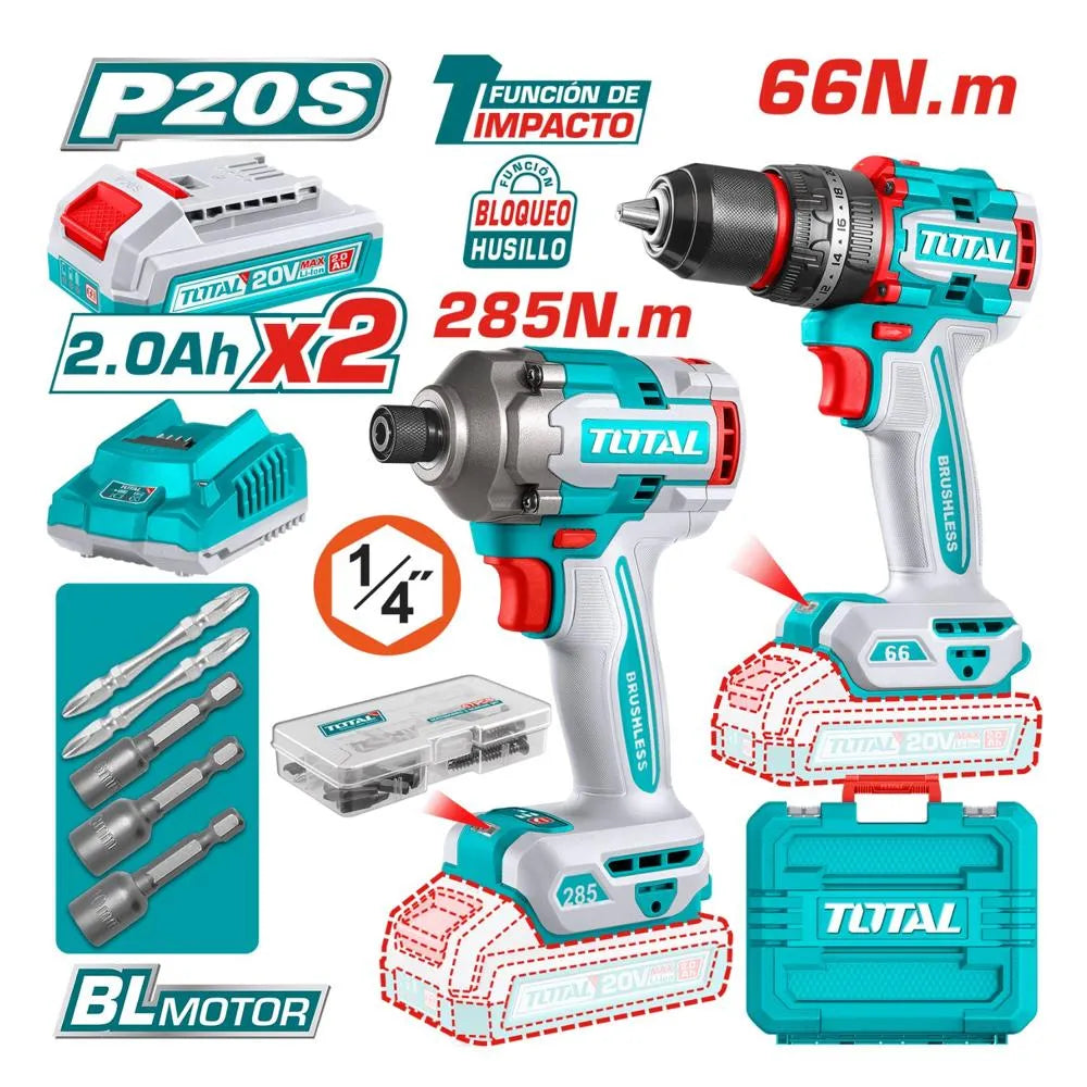 Kit atornillador de impacto Inalámbrico 285NM + Taladro atornillador 66NM + 2 Baterías + 1 Cargador Total
