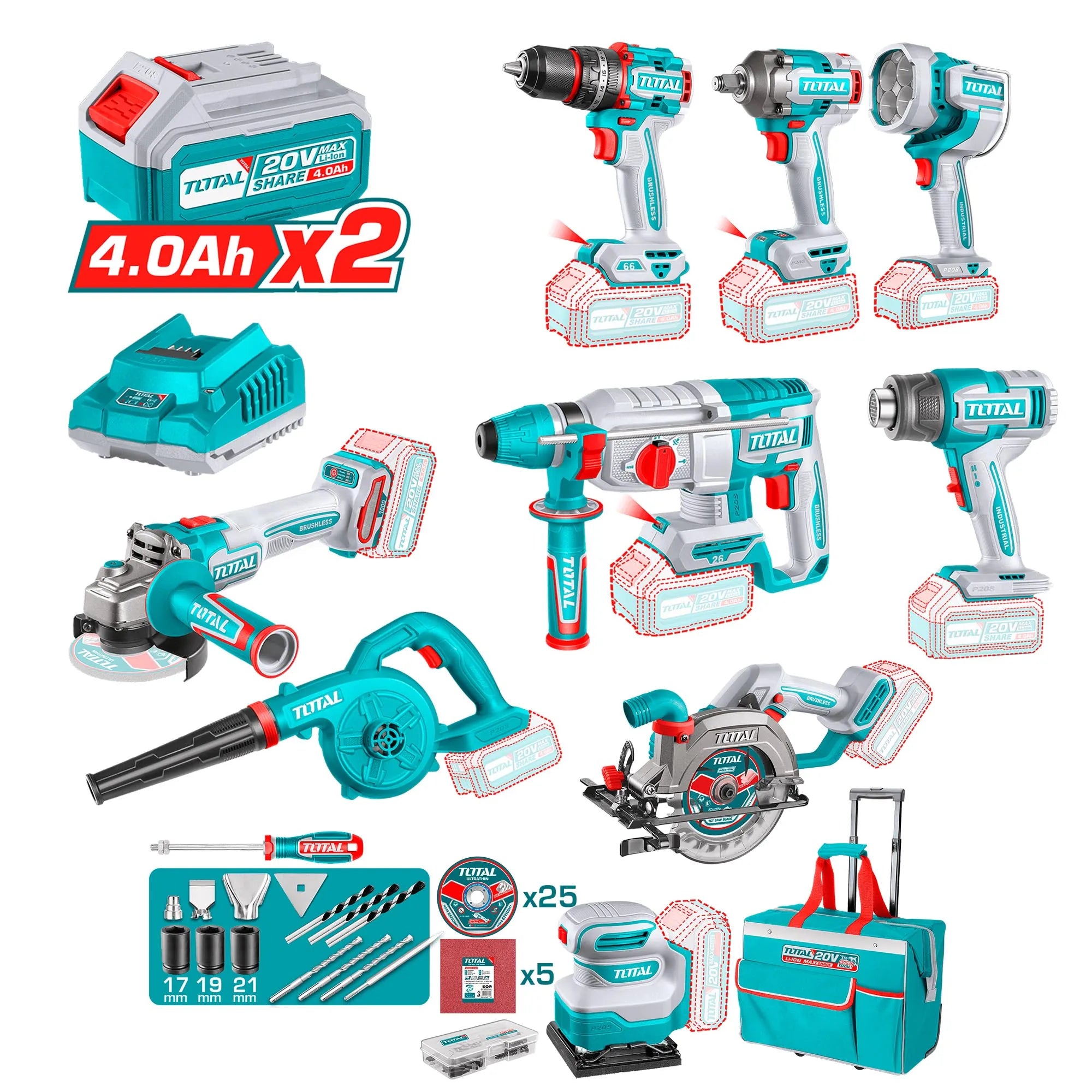 Combo 9 herramientas inalámbricas + 2 Baterías 4.0 AH + Cargador + Bolso Total