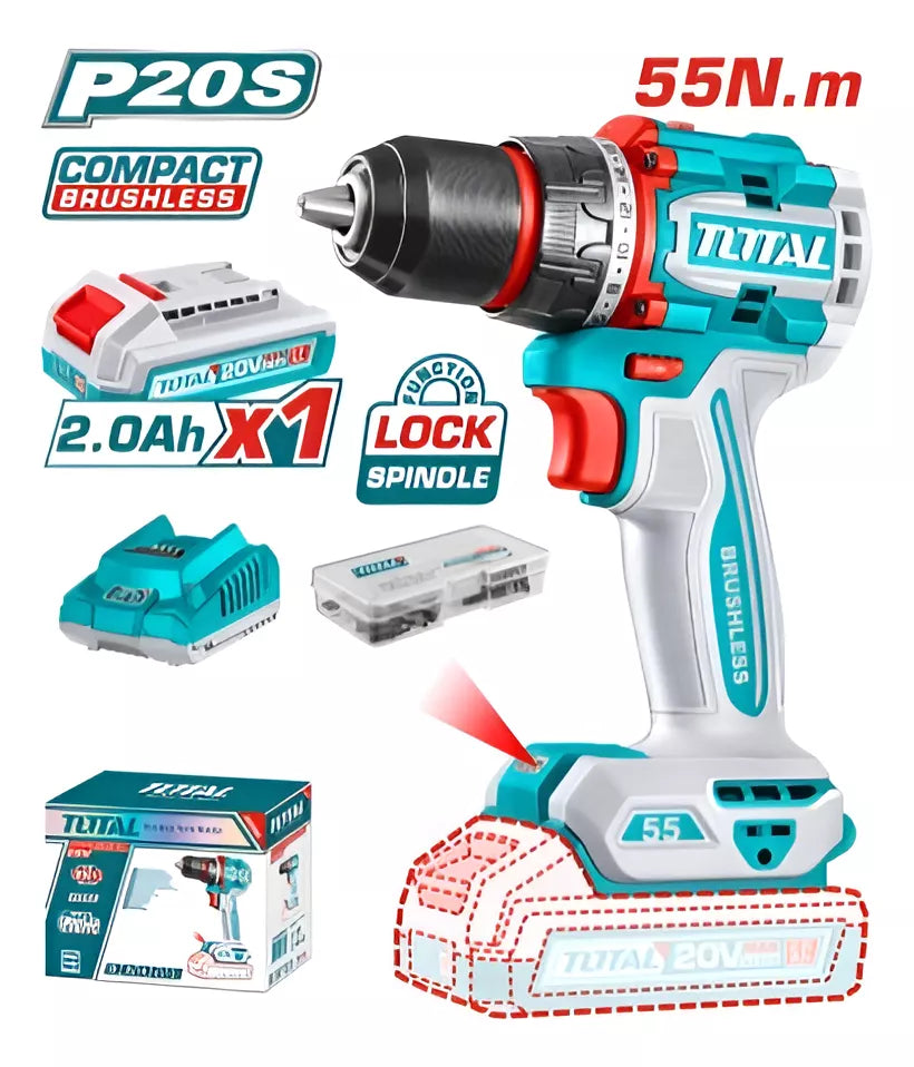 Taladro Atornillador Inalámbrico 13Mm 20V 55Mn + 1 Batería 2.0AH + Cargador Total