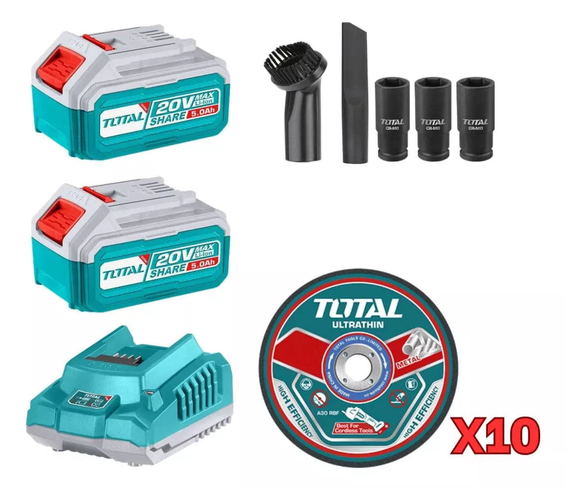 Kit Llave de Impacto 850 Nm + Esmeril 115 Mm + Aspiradora + 2 Baterías 5 Ah Total