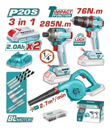 Combo 3 en 1 Taladro Atornillador + Atornillador de impacto + Soplador Total