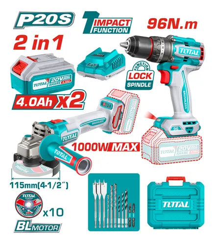 Kit Taladro Atornillador 96 Nm + Esmeril Símil 1000W 20V Total