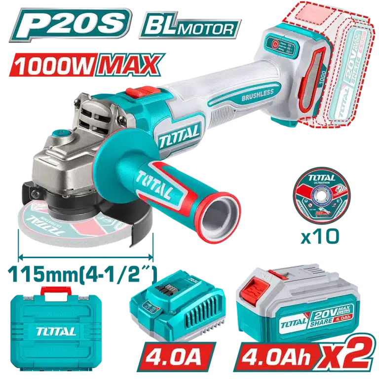 Esmeril Angular Inalámbrico Brushless 4-1/2" (115mm) 20V 3 velocidades + 2 Baterías 4.0 Ah + Cargador + 10 Discos de corte Total