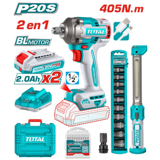 Llave De Impacto Brushless 400NM 1/2" 20V + 2 Baterías + 1 Cargador + Dados + Lampara de trabajo Total