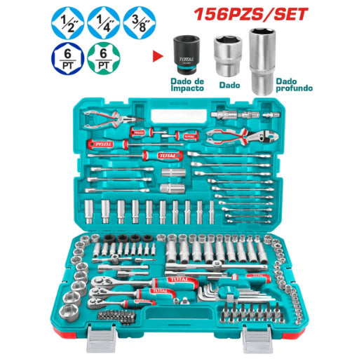 Juego De Herramientas de 156 Piezas + Dados  1/4" + 3/8" + 1/2" Total