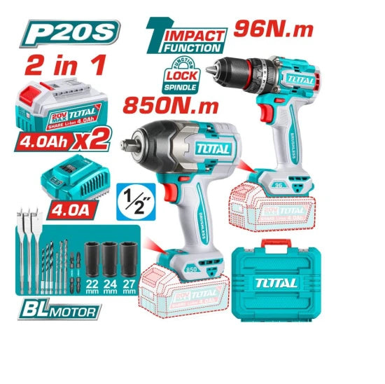 Combo clásico 2.0 Taladro Inalámbrico 96NM + Llave De Impacto 1/2 20V 850NM  + 2 Baterías + 1  Cargador  Total