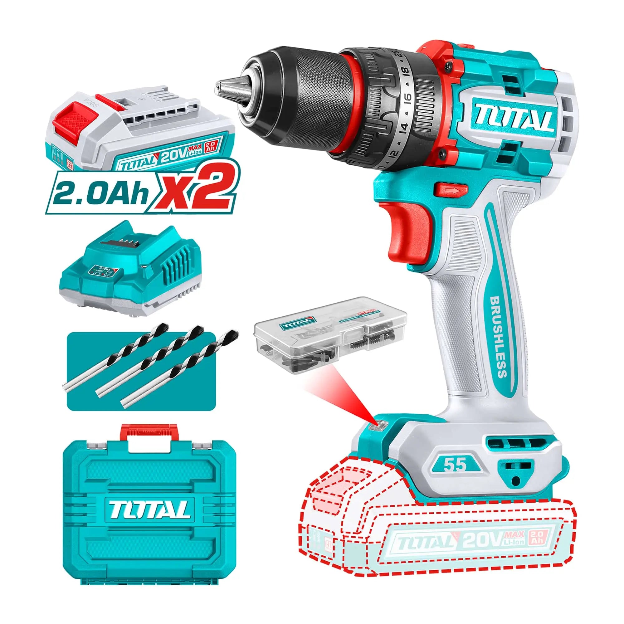 Taladro Atornillador Inalámbrico 13Mm 20V 55Mn + 2 Batería 2.0AH + Cargador Total